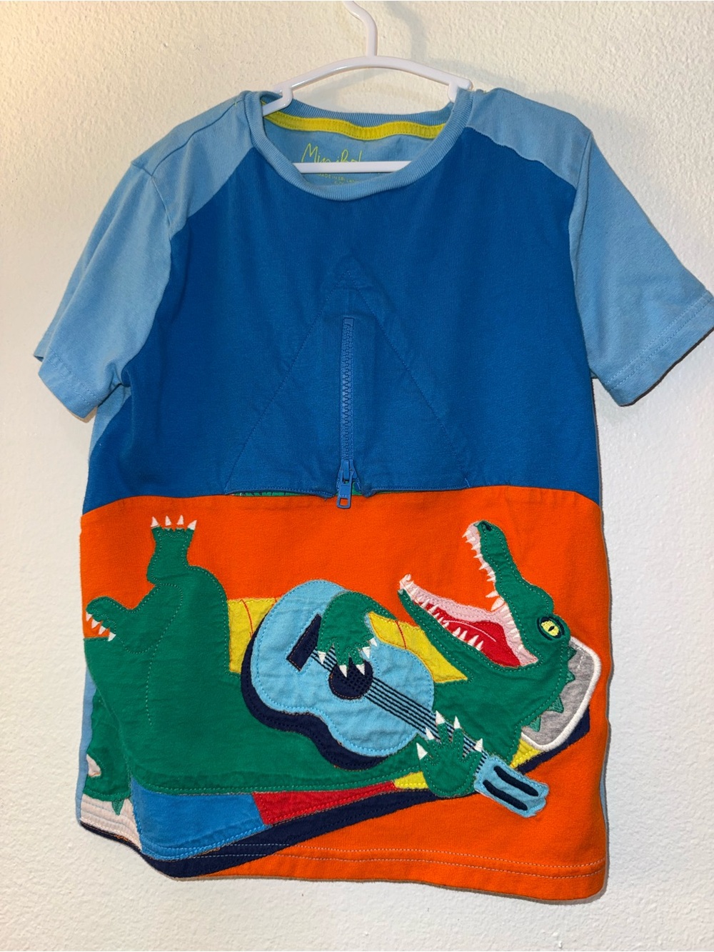 Mini Boden Blue, Light Blue & Orange Crocodile Guitar Appliqué Tee